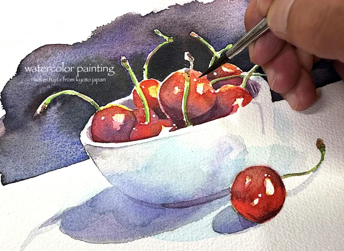 描いていて楽しいアメリカンチェリー。買って描き、描いて食べる^ ^#Watercolor #スケッチ #水彩画 #透明水彩 #京都水彩画塾  #水彩画ワークショップ  #水彩画教室  #京都の絵画教室 