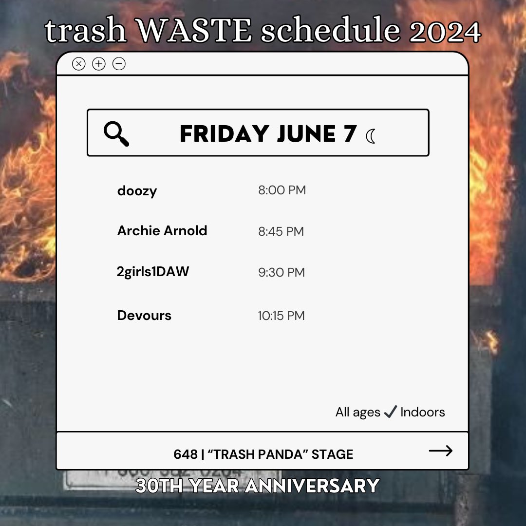 musicwaste's tweet photo. TRASH PANADA STAGE->
Trash Waste Gallery DayToNight Show 
FULL SCHEDULE AVAILABLE 
ON MUSICWASTE INSTA https://t.co/KaXHISt2K8