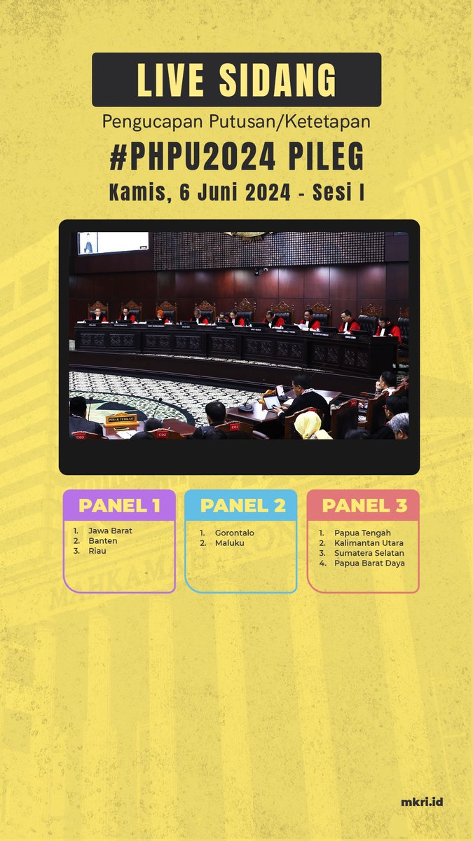 Link streaming sidang Pengucapan Putusan/Ketetapan #PHPU2024 Pileg Kamis, 6 Juni 2024 youtube.com/watch?v=L5rg0k…

#MengawalKonstitusi
#salaMKonstitusi
#MKRI