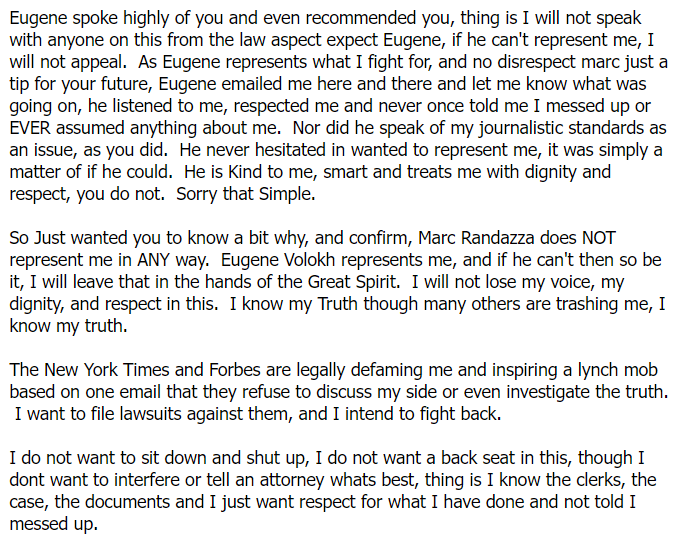 RandazzaParody's tweet photo. Obsidian v. Cox 9th Circuit Appeal, Crystal L. Cox email to Eugene Volokh and Marc Randazza, firing my then attorney Randazza. #RandazzaLegalGroup #Malpractice . First Amendment Lawyer betrayed his client, then sued me for 12 years and counting. He Won't Let Up. https://t.co/b5C6p0yhpN