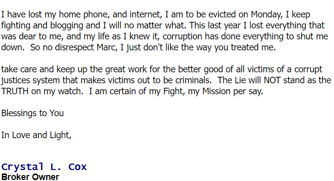 RandazzaParody's tweet photo. Obsidian v. Cox 9th Circuit Appeal, Crystal L. Cox email to Eugene Volokh and Marc Randazza, firing my then attorney Randazza. #RandazzaLegalGroup #Malpractice . First Amendment Lawyer betrayed his client, then sued me for 12 years and counting. He Won't Let Up. https://t.co/b5C6p0yhpN