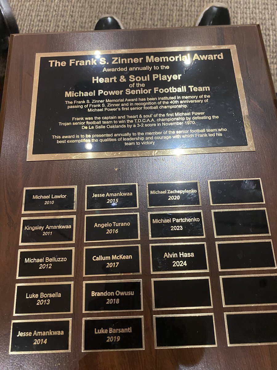 Alvin_hasa's tweet photo. It was a absolute honour to be nominated and win The Frank S. Zinner memorial award at the annual Michael Power Athletic Banquet! Thank you @MichaelPowerFB for this amazing accolade! https://t.co/1koxkTEPO7
