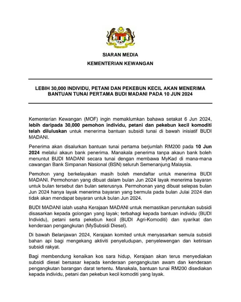 MOFmalaysia's tweet photo. SIARAN MEDIA BERKENAAN LEBIH 30,000 INDIVIDU, PETANI DAN PEKEBUN KECIL AKAN MENERIMA BANTUAN TUNAI PERTAMA BUDI MADANI PADA 10 JUN 2024 https://t.co/Xtho6AEhWc