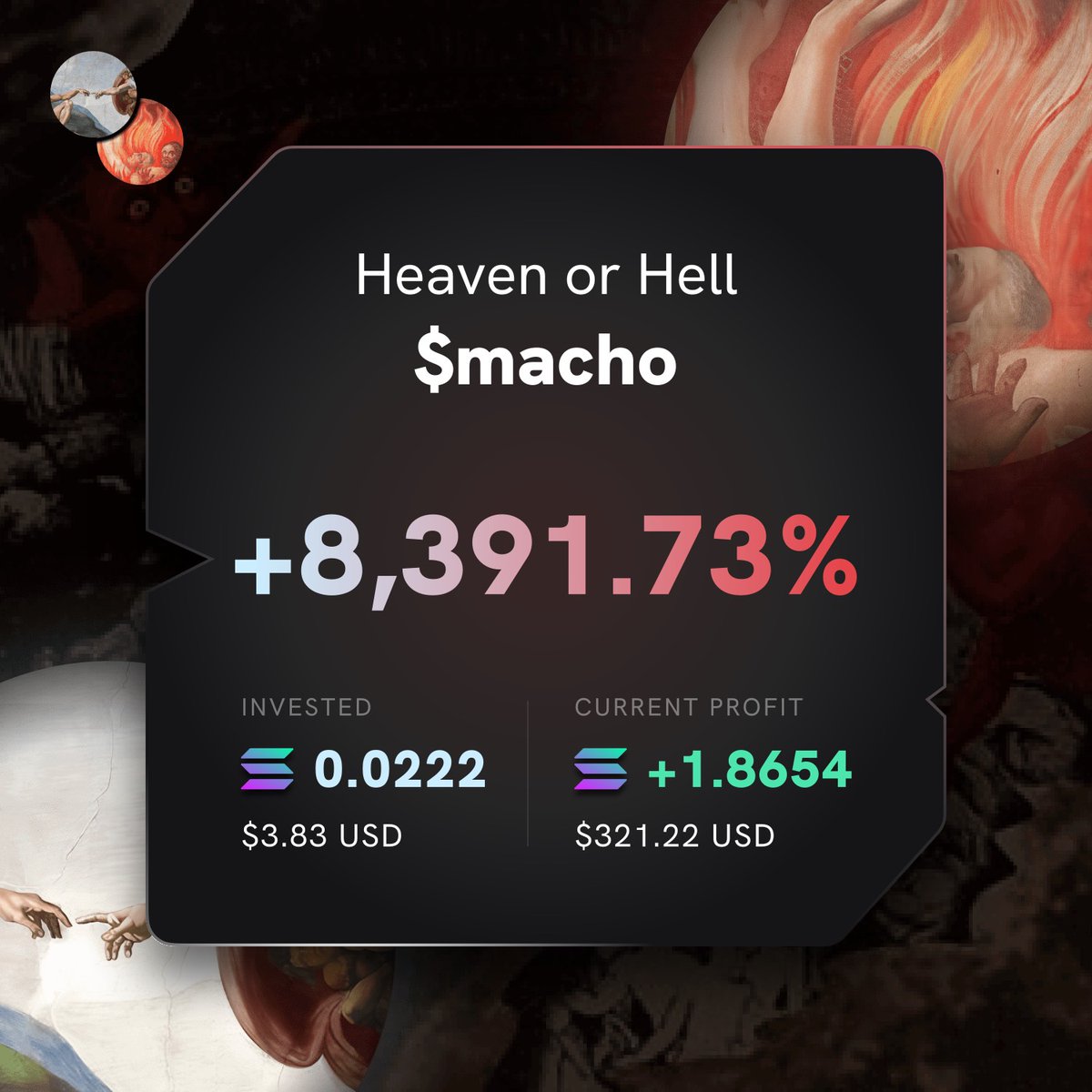 HoH_Alpha's tweet photo. $macho

$50K -> $8M

One member turned $3 into $300

Only possible with $SOL memecoins 😈 https://t.co/NGWx4EOpSf
