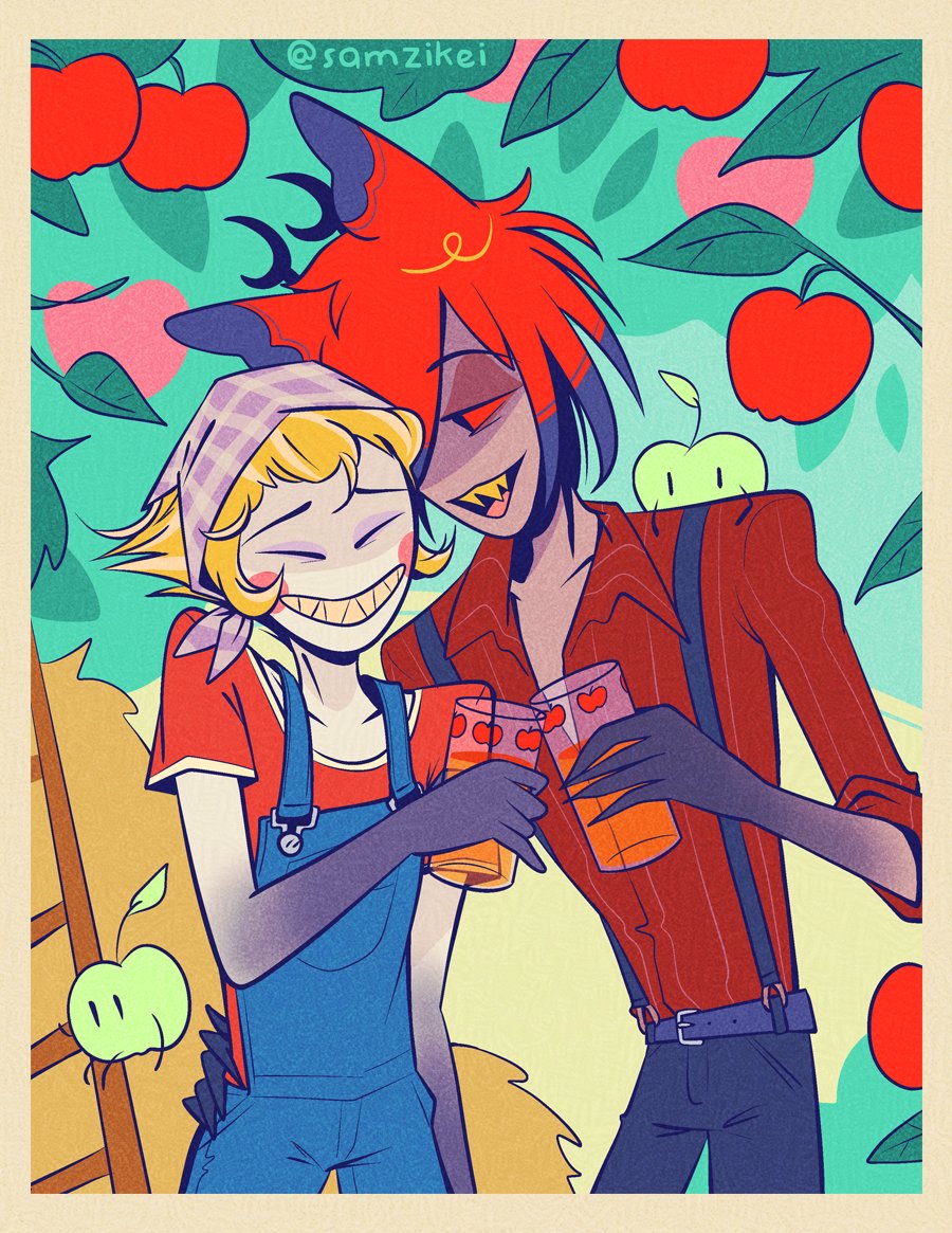 samzikei's tweet photo. RadioApple Week Day 4: Drinking

 I really wanted to draw a radioapple Stardew Valley AU!! Also the apple cups are inspired by the strawberry cups from NANA :P
#RadioAppleWeek #RadioAppleWeek2024 #radioapple #appleradio https://t.co/SMbmjobk7y