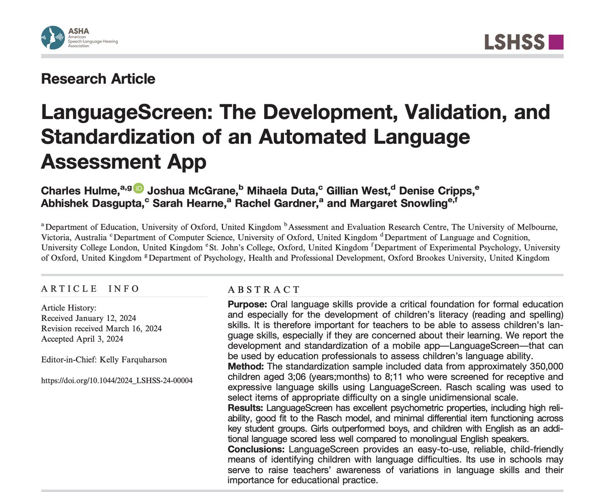 New article by AERC's Deputy Director A/Prof Joshua McGrane together with University of Oxford colleagues reporting on the development and standardisation of a mobile app that can be used by education professionals to access children’s language ability. pubs.asha.org/doi/10.1044/20…