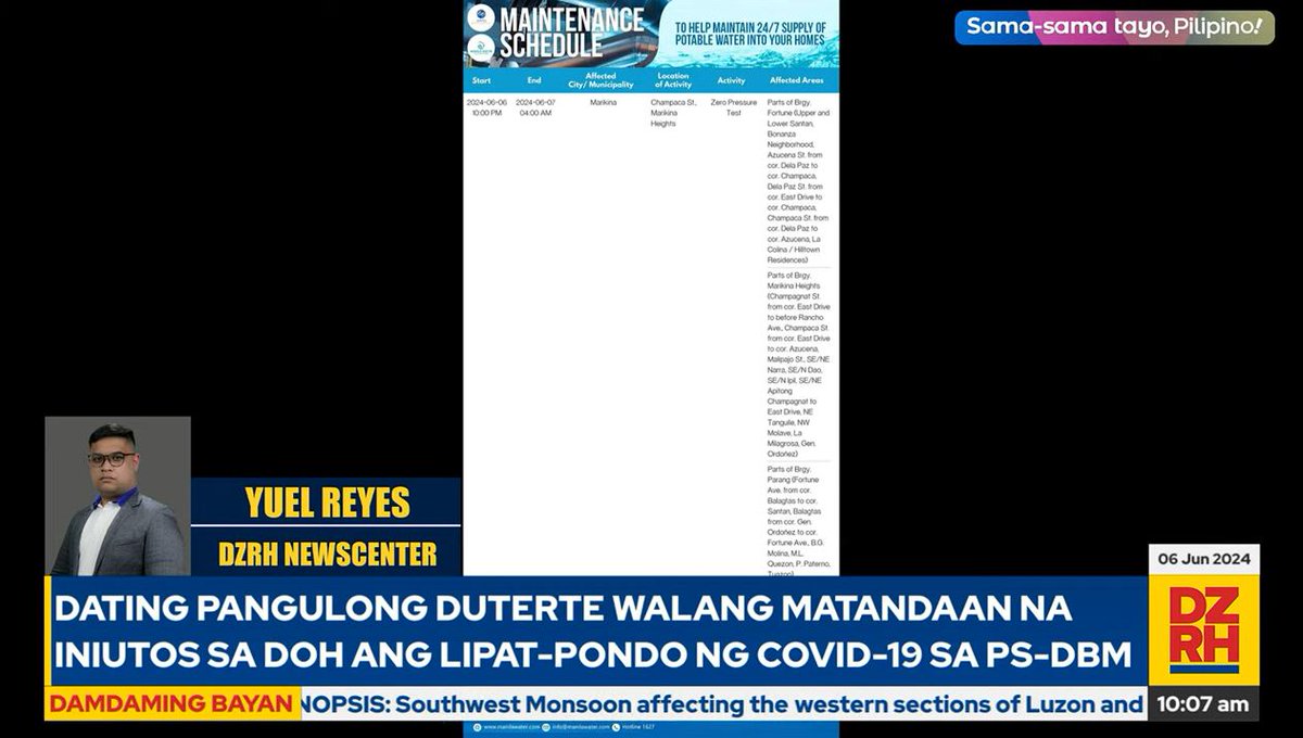 dzrhnews's tweet image. Alamin ang mga malalaking balita sa #MetroManila ngayon sa report ni @YuelReyes850: 

• Ilang lugar sa Marikina at Quezon City, makararanas ng water service interruption ng Manila Water mamayang gabi

#DamdamingBayan
#SamaSamaTayoPilipino