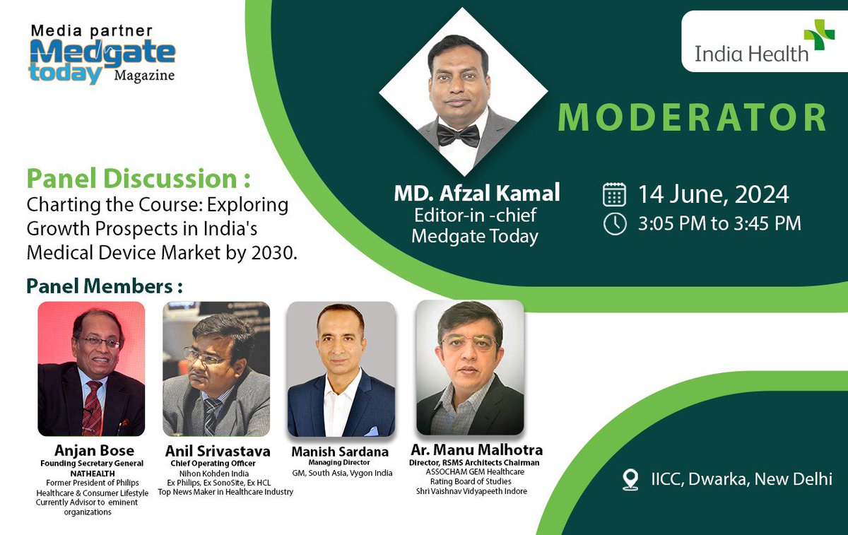 📢 Join us at the India Health Exhibition at ICC Dwarka, New Delhi! 🌟
🗓 Date: 14 June, 2024
🚀 Panel Discussion: 𝐂𝐡𝐚𝐫𝐭𝐢𝐧𝐠 𝐭𝐡𝐞 𝐂𝐨𝐮𝐫𝐬𝐞: 𝐄𝐱𝐩𝐥𝐨𝐫𝐢𝐧𝐠 𝐆𝐫𝐨𝐰𝐭𝐡 𝐏𝐫𝐨𝐬𝐩𝐞𝐜𝐭𝐬 𝐢𝐧 𝐈𝐧𝐝𝐢𝐚'𝐬 𝐌𝐞𝐝𝐢𝐜𝐚𝐥 𝐃𝐞𝐯𝐢𝐜𝐞 𝐌𝐚𝐫𝐤𝐞𝐭 𝐛𝐲 2030