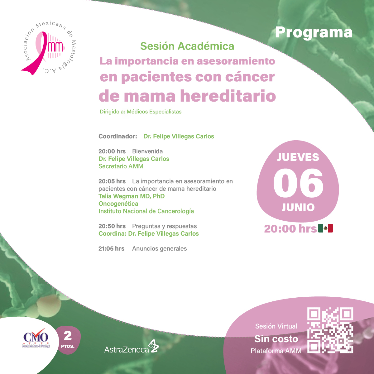 MastologiaMx's tweet photo. Nos vemos mañana 6 de junio 📷 a las 20:00📷 hrs (CDMX) en #SesiónAMM
"La importancia en asesoramiento en cáncer de mama hereditario"
https://t.co/ILIG3TjI6r
#LiveWebCast #EventoSinCosto #SesiónVirtual #Comparte #CáncerDeMama #SociosAMM #ComunidadAMM #AMMVirtual https://t.co/80Okpu5WoA