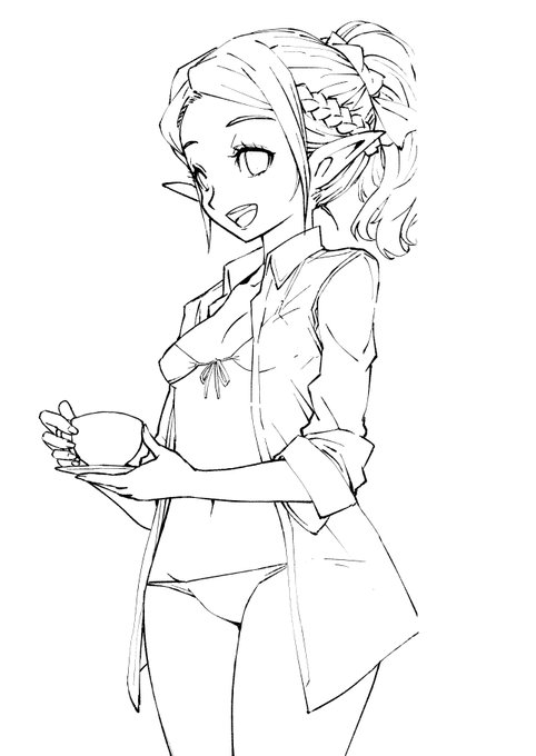 #皆さん線画と塗った後を見せてください
これ背景は素材とフリーハンドであとから入れてるので線画ないですね。エルフさんの顔も塗りながらツールで微妙に修正してます。 