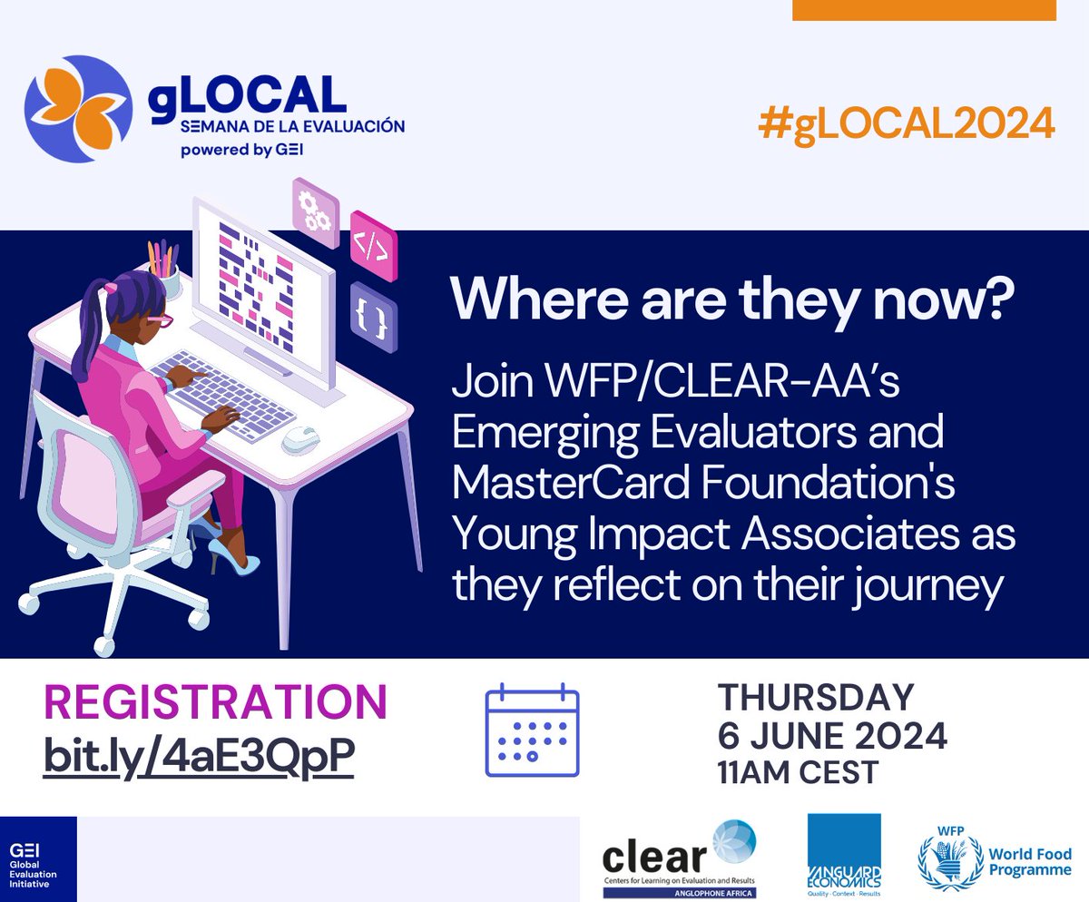 WFP_Evaluation's tweet photo. ⏳ Happening soon at #gLOCAL2024

📣 Join @WFP @CLEARAA1 and @MastercardFdn's emerging evaluators as they reflect on their professional journey 

📡 TUNE IN HERE: https://t.co/Fy8mgEvE6a
⌚ 11am South Africa time, TODAY

@GEI_GlobalEval @Vanguard_Econ https://t.co/DDhPcagQaD