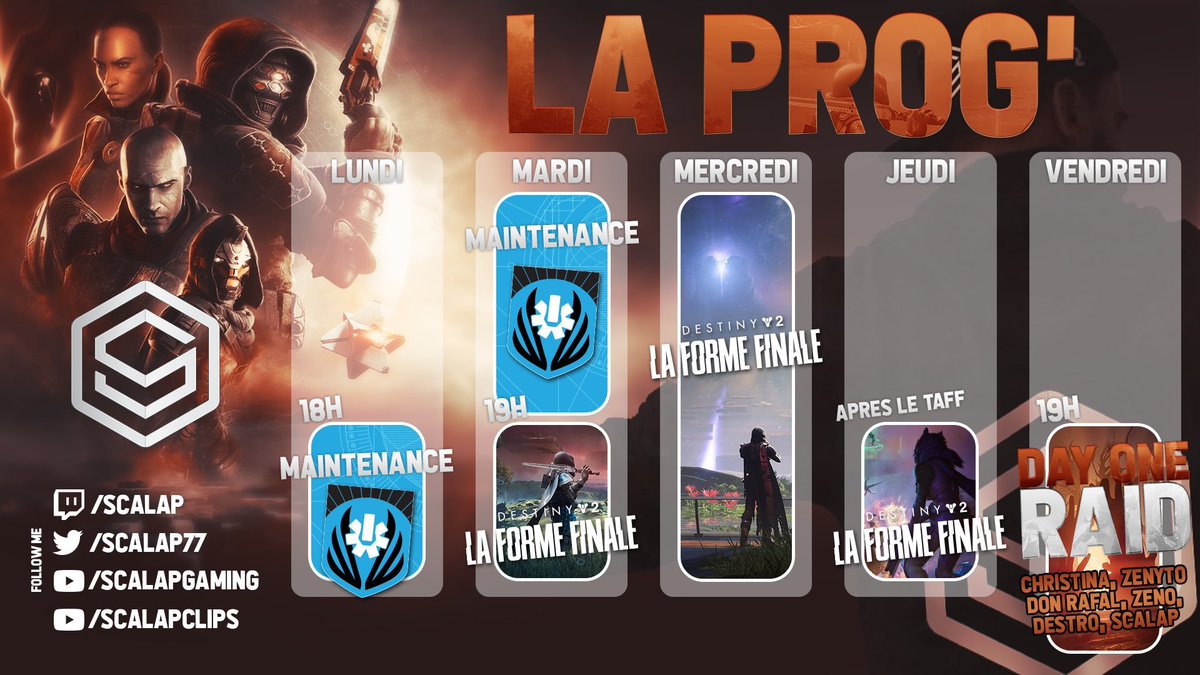 Scalap77's tweet image. 📣Finalshapeuz, Finalsapeur, Salut !
Update de mon agenda 👇

Se soir, stream comme prévu et 🎁 Emblèmes Aurora Prismealis à gagner!
Vendredi TeamKiff w/ @Cricri0528 @RafaelAlPatino @Destroooooooooo et 2 de mes soldats pour la découverte du Raid et plus si affinité.
#Destiny2