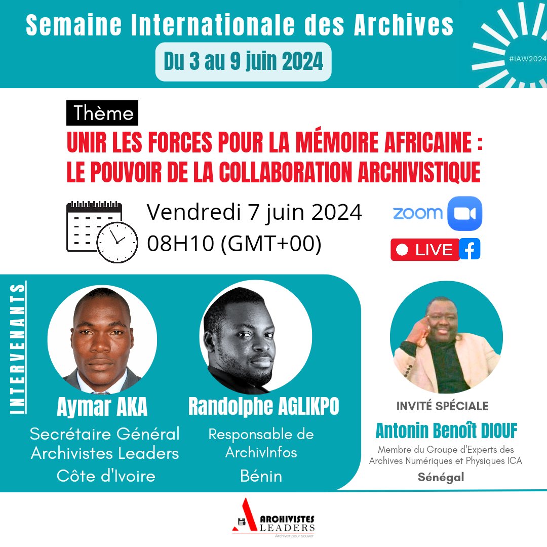 ArchivistesL's tweet photo. #WEBINAIRE 
𝐔𝐧𝐢𝐫 𝐥𝐞𝐬 𝐟𝐨𝐫𝐜𝐞𝐬 𝐩𝐨𝐮𝐫 𝐥𝐚 𝐦é𝐦𝐨𝐢𝐫𝐞 𝐚𝐟𝐫𝐢𝐜𝐚𝐢𝐧𝐞 : 𝐥𝐞 𝐩𝐨𝐮𝐯𝐨𝐢𝐫 𝐝𝐞 𝐥𝐚 𝐜𝐨𝐥𝐥𝐚𝐛𝐨𝐫𝐚𝐭𝐢𝐨𝐧 𝐚𝐫𝐜𝐡𝐢𝐯𝐢𝐬𝐭𝐢𝐪𝐮𝐞 

🗓️ Vendredi 7 juin 2024 

🕗 08H10 (GMT +00) 

📍ZOOM 
ID de réunion: 937 4037 3361
Code secret: 271894 https://t.co/GBIEgPviec