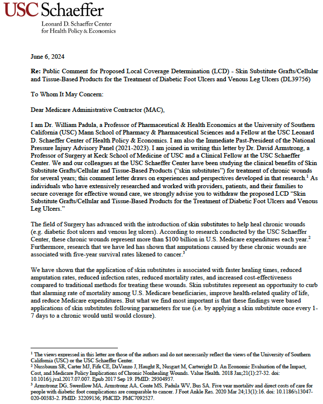 DrWmPadula's tweet image. A letter to @CMS from @DGArmstrong and I to consider the consequences of @MedicareGov reimbursement reform for #skinsubstitutes to treat chronic wounds #DFU, #VLU. #ActAgainstAmputation #diabeticfoot @SchaefferCenter @USCMann @KeckMedicineUSC @TheNPIAP @ALPSlimb
