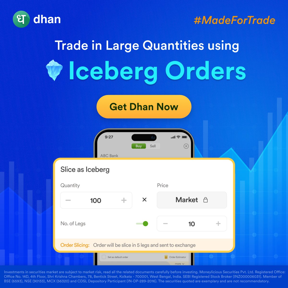 DhanHQ's tweet photo. Trade beyond freeze limits with Iceberg orders which slices orders in 99 legs. Install now!

Dhan is #MadeForTrade.