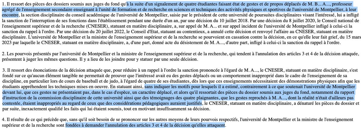 N_Hervieu's tweet photo. Université : Le @Conseil_Etat annule la sanction de "rappel à l'ordre" d'un enseignant (PRAG) pour "gestes inappropriés" envers des étudiantes.

Le CNSER avait nié le "caractère déplacé".

C'est la 2ème cassation dans cette affaire pour le même motif...

=>https://t.co/TlQA2bdNh2 https://t.co/nT4px6FAtd