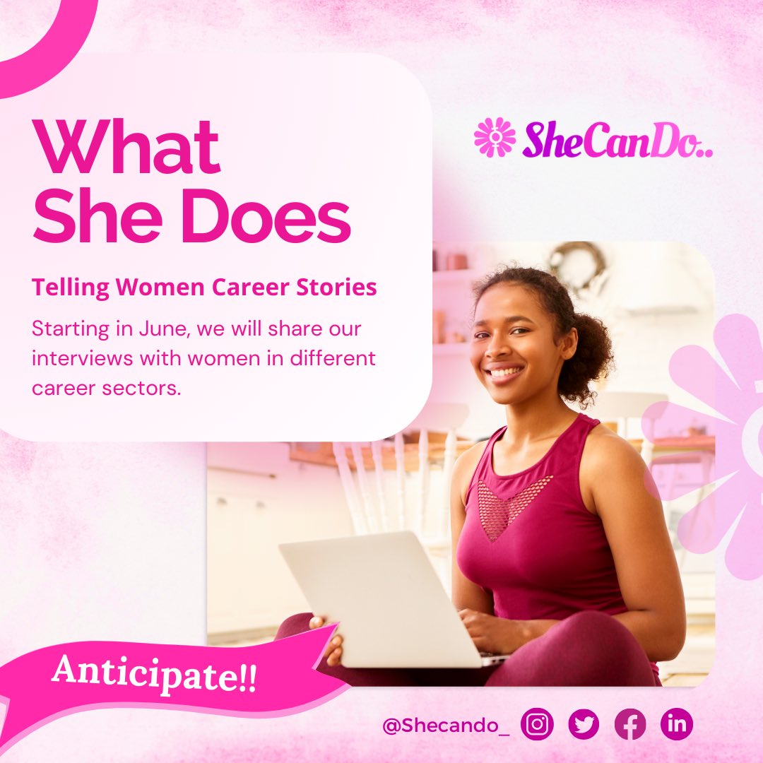 SheCanDo_'s tweet photo. Hey Lovelies,
I am here to announce our new program  #whatshedoes 
This is an avenue for career women to share their career experiences with the young girls and ladies. 
Next week Wednesday we will be sharing our first interview on #whatshedoes pls don’t miss it https://t.co/J3EdWFlRkT