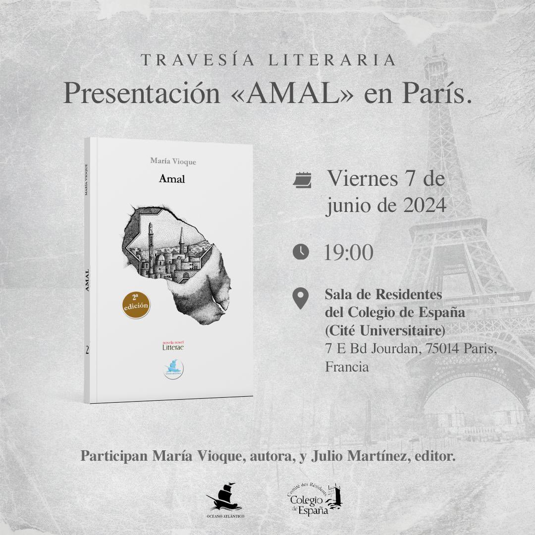 Viernes 7 de junio 📅 
A las 19h ⏰ 
En la sala de residentes del colegio de españa 📍

Presentación del libro 📕 “Amal” de la mano de la autora, María Vioque y el editor Julio Martinez. 

¡Os esperamos a todos! 💌
