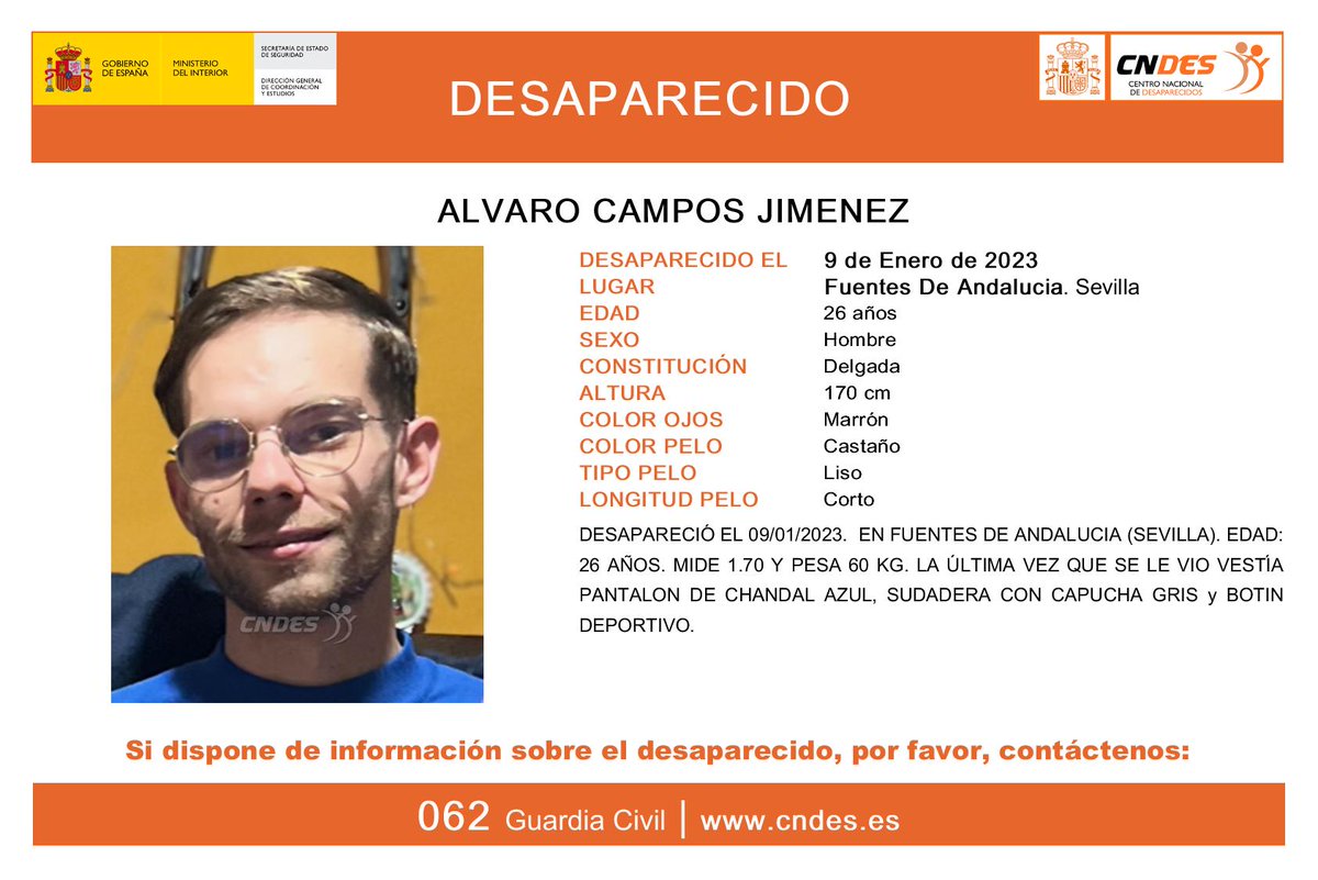 QSDglobal's tweet photo. SIN RASTRO DE ÁLVARO CAMPOS JIMÉNEZ 

Álvaro tenía 26 años y está #desaparecido desde el día 9 de enero de 2023 en #FuentesdeAndalucía #Sevilla 

#TodosYTodoPorEncontrarlo https://t.co/N2n6C7433p