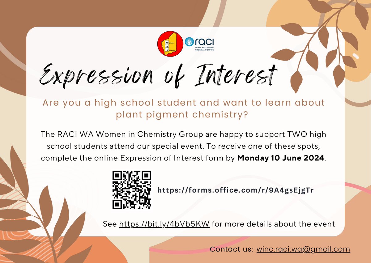 Women in Chemistry Group (RACI_WA) (@winc_raci_wa) on Twitter photo The WinC Group are happy to support TWO high school students to attend our upcoming event 'Plant Pigment Chemistry and Collaborations with Artists' for free.
Submit EOI by Monday 10 June 2024 to register your interest. 
forms.office.com/pages/response… The WinC Group are happy to support TWO high school students to attend our upcoming event 'Plant Pigment Chemistry and Collaborations with Artists' for free.
Submit EOI by Monday 10 June 2024 to register your interest. 
forms.office.com/pages/response…