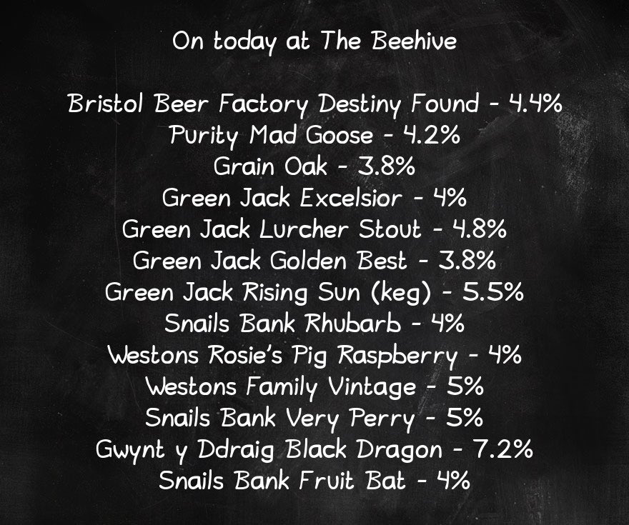 Alex (@beehivenorwich) on Twitter photo On the bar today!
Beer Board: bit.ly/3SeohBF
<a href="/BrisBeerFactory/">Bristol Beer Factory</a> @Purityale <a href="/grainbrewery/">Grain Brewery</a> <a href="/greenjackbrew/">Green Jack Brewery</a> <a href="/Snailsbankcider/">Snailsbank Cider</a> <a href="/Gwyntyddraig/">gwyntcider</a>
#RealAleFinder On the bar today!
Beer Board: bit.ly/3SeohBF
<a href="/BrisBeerFactory/">Bristol Beer Factory</a> @Purityale <a href="/grainbrewery/">Grain Brewery</a> <a href="/greenjackbrew/">Green Jack Brewery</a> <a href="/Snailsbankcider/">Snailsbank Cider</a> <a href="/Gwyntyddraig/">gwyntcider</a>
#RealAleFinder