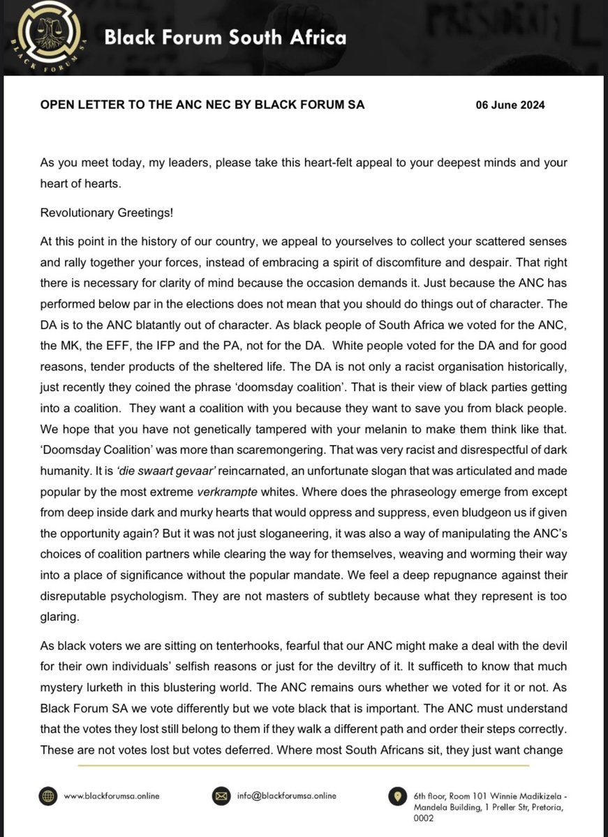 unisablackforum's tweet photo. OPEN LETTER TO THE ANC NEC BY BLACK FORUM SA. @MYANC 

#blackforumsa https://t.co/8ByAMqZl4p