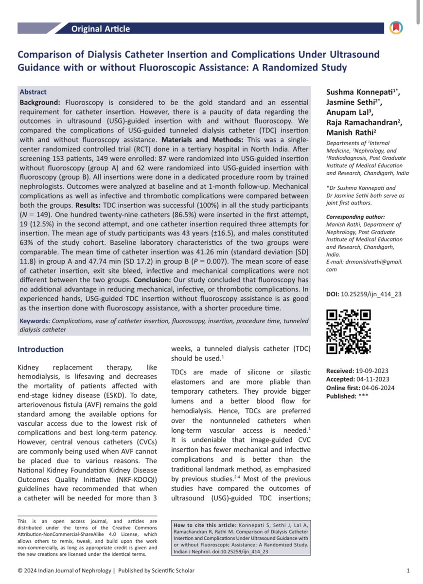 Jasmine Sethi (@jasminenephro) on Twitter photo 🆕🔔Publication alert
💯It’s known that USG guided tunelled IJC cath insertion is better than blind 👩🦯
❓But what about fluoroscopic guidance in addition
🫘🙏We found that fluoroscopy guidance has no additional advantage over USG guided cath insertion
<a href="/indianjnephrol/">Indian Journal of Nephrology</a> 🆕🔔Publication alert
💯It’s known that USG guided tunelled IJC cath insertion is better than blind 👩🦯
❓But what about fluoroscopic guidance in addition
🫘🙏We found that fluoroscopy guidance has no additional advantage over USG guided cath insertion
<a href="/indianjnephrol/">Indian Journal of Nephrology</a>