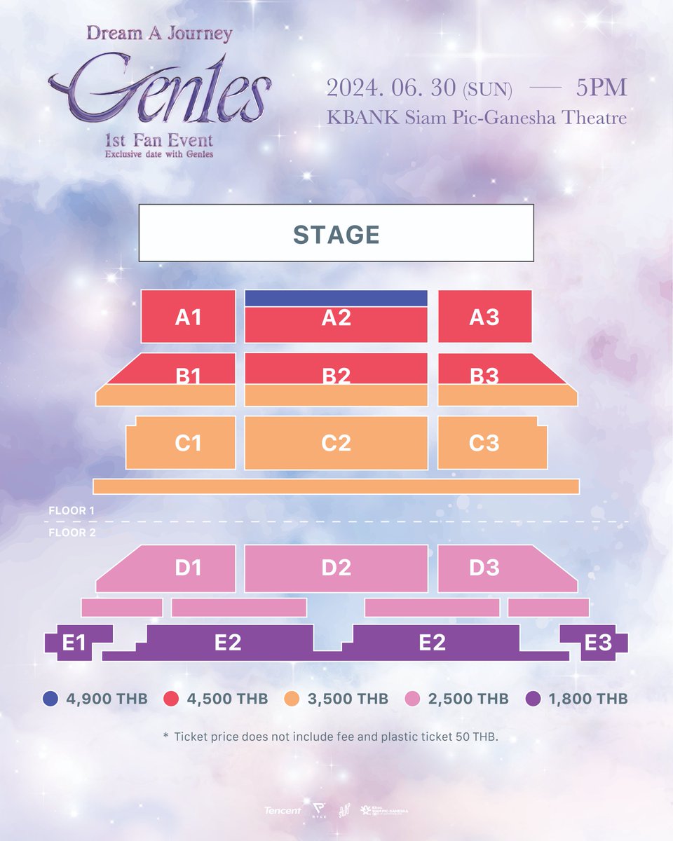 Gen1esOfficial's tweet photo. [SEATING PLAN & BENEFITS DETAILS]

W1NGs🪽, Are you ready!?  
Additional details for Gen1es 1st Fan Event [Dream A Journey] 🧚🏻‍♀️✨

📆 Date: Sunday, 30th June 2024 at 5:00 PM (GMT+7).
📍 Place: KBank Siam Pic-Ganesha Theatre, 7th Floor, Siam Square One

Ticket Sales Details: 
📆 Tickets go on sale on Sunday, 16th June 2024 at 11:00 AM (GMT+7) onwards.
💻 Tickets can be purchased at https://t.co/BkGkahTrp7 (no queue system) or Thai Ticket Major counters in all branches.
🎫 Ticket prices: 4,900 / 4,500 / 3,500 / 2,500 / 1,800 THB

#Gen1es #DreamAJourney 
#DreamAJourney_Ge1es1stFanEvent
#ExclusiveDateWithGen1es
#SowHop