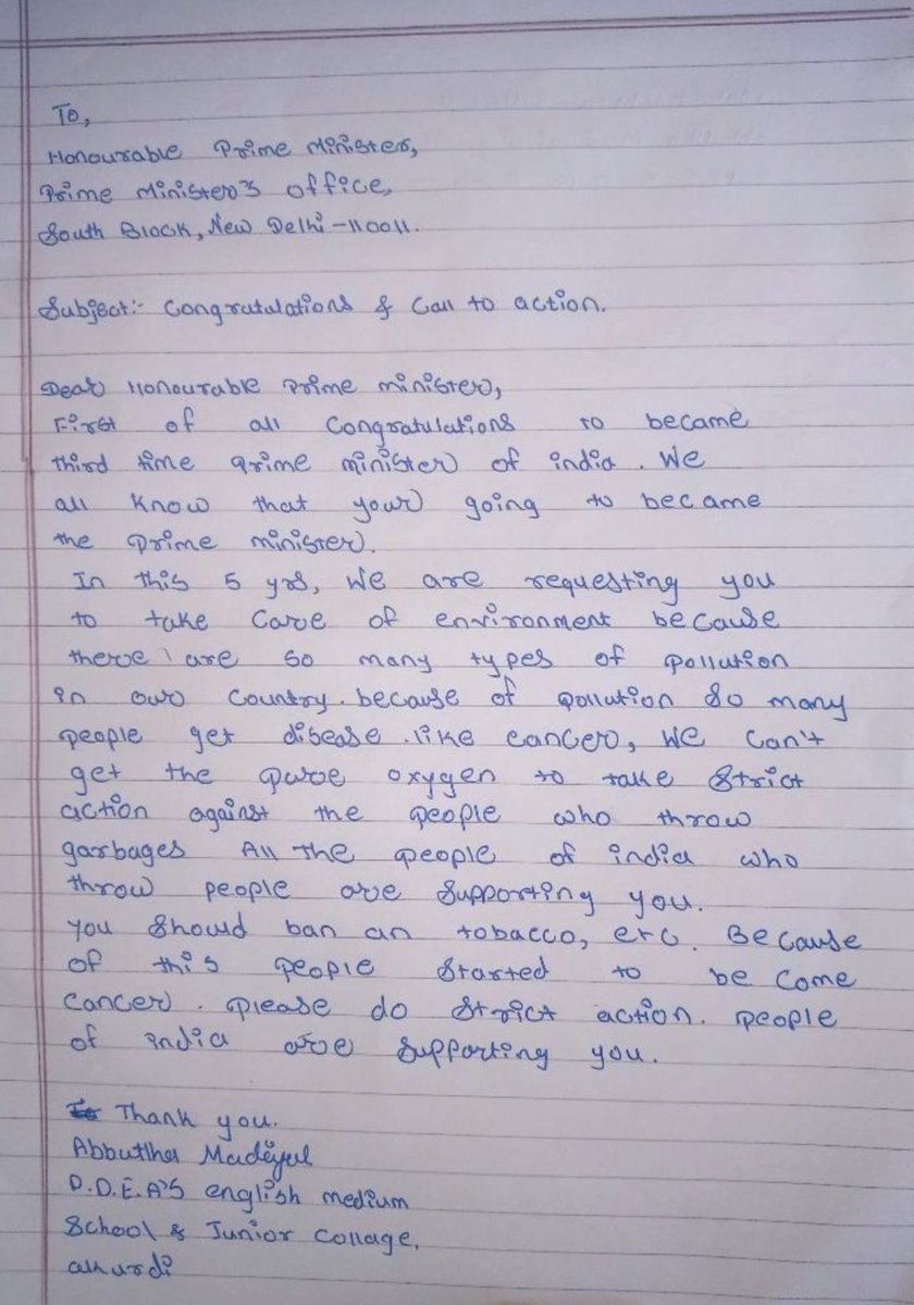 Energy_Swaraj's tweet image. Abbutlha from PDEA's English Medium Secondary School and Jr. Collage, has shared his letter to Hon'ble PM @narendramodi to take #ActionForClimateCorrection 🌍 

Join hands with us in #10KLettersToPM and #YouMePlanet 🍃