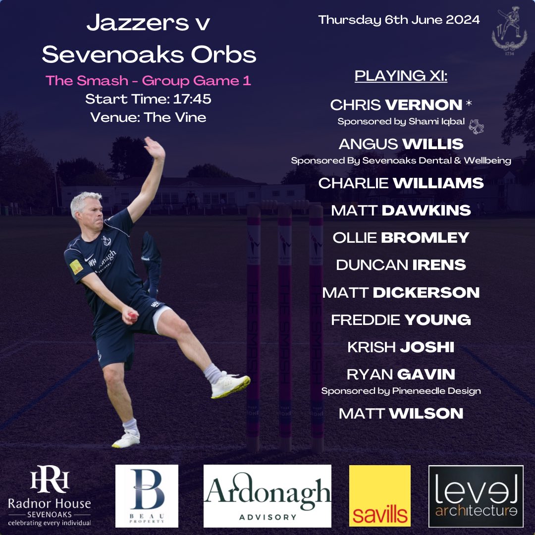 Jazzers Team Sheet 📝

Here’s our side to take on Sevenoaks Orbs in <a href="/thesmashcricket/">The Smash</a> tonight on The Vine

A few Vinyard boys playing for the oppo we hear 👀

Go well all

#svcc1734