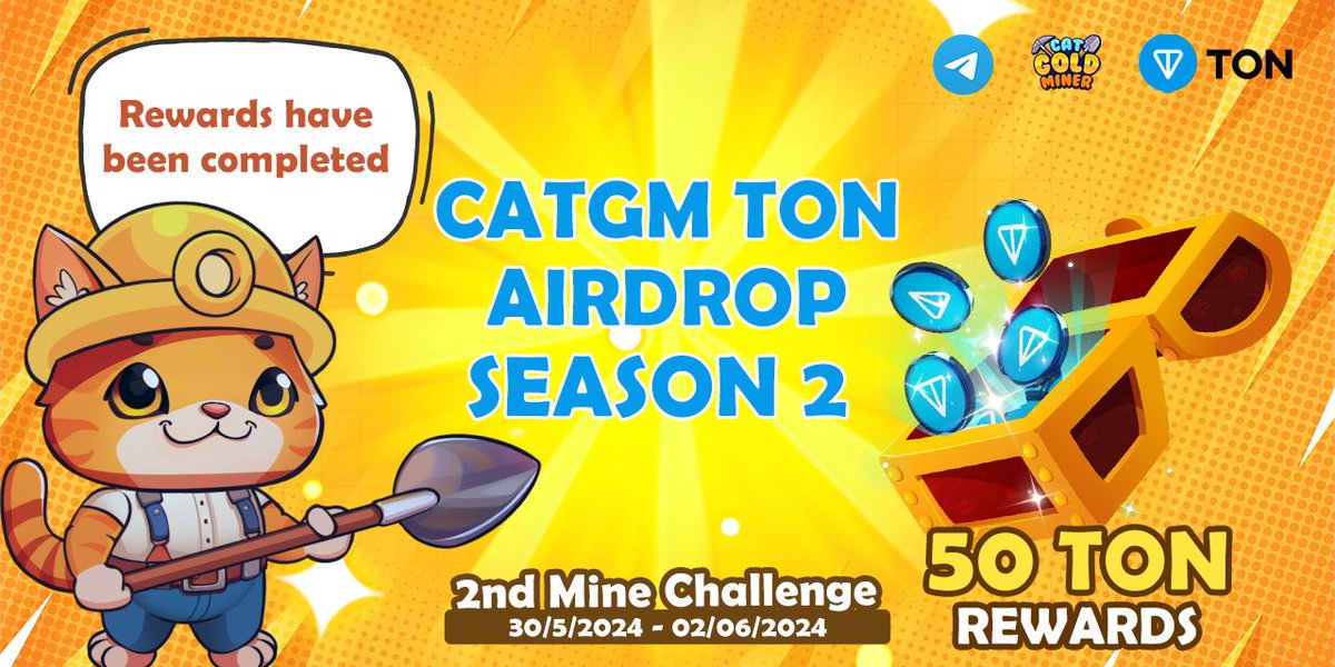 catgoldminer's tweet photo. 🎮 Play Cat Gold Miner NOW! https://t.co/pFK52Wj7Qt

💥CATGM TON AIRDROP SEASON 2 - 2nd Mine Challenge💥
⚠️ Rewards have been COMPLETED ⚠️

📣We are pleased to announce that the gifts have been sent to you. Please check your 📱TON wallet.

🥰Once again, we thank you for your enthusiastic participation.

#CatGoldMiner #PlayToAirdrop #Hackathon #TheOpenLeague @ton_blockchain