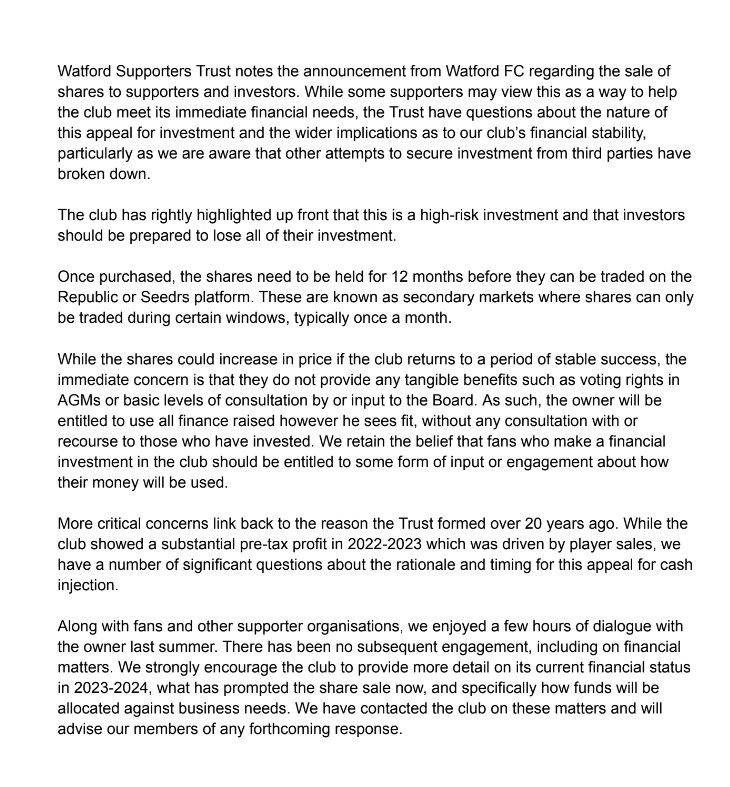 WST Statement regarding the Watford share sale.