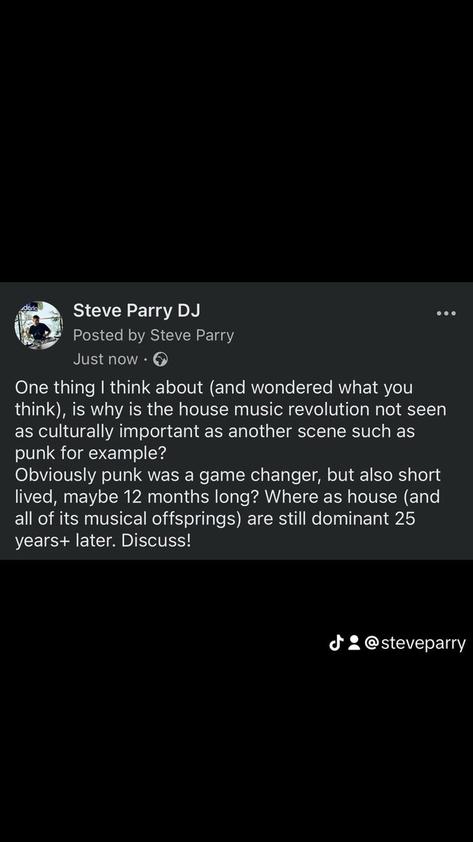 1 thing I think about is why is the house music revolution not seen as culturally important as another scene such as punk for example? 
Obviously punk was a game changer, but also short lived, maybe 12 months long? Where as house is still dominant 25 years+ later.