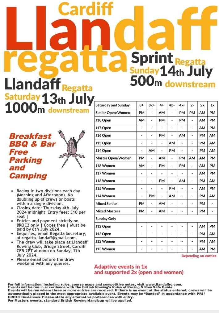 Llandaff Rowing Club (@llandaffrc) on Twitter photo Entries for Llandaff Regatta and Sprint 2024 are OPEN🥳 Entries online via BROE by 4 July. Email the regatta team at regatta.llandaff@gmail.com for any questions. #rowing #Llandaff #Cardiff #llandaffregatta2024 Entries for Llandaff Regatta and Sprint 2024 are OPEN🥳 Entries online via BROE by 4 July. Email the regatta team at regatta.llandaff@gmail.com for any questions. #rowing #Llandaff #Cardiff #llandaffregatta2024