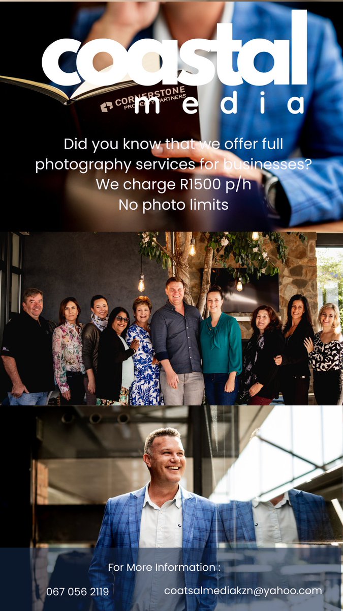 Did you know that we offer full photography services for businesses?

We charge R1500 p/h :)

No photo limits!

Let us bring your business to life!

Whatsapp 067 056 2119
coastalmediakzn@yahoo.com