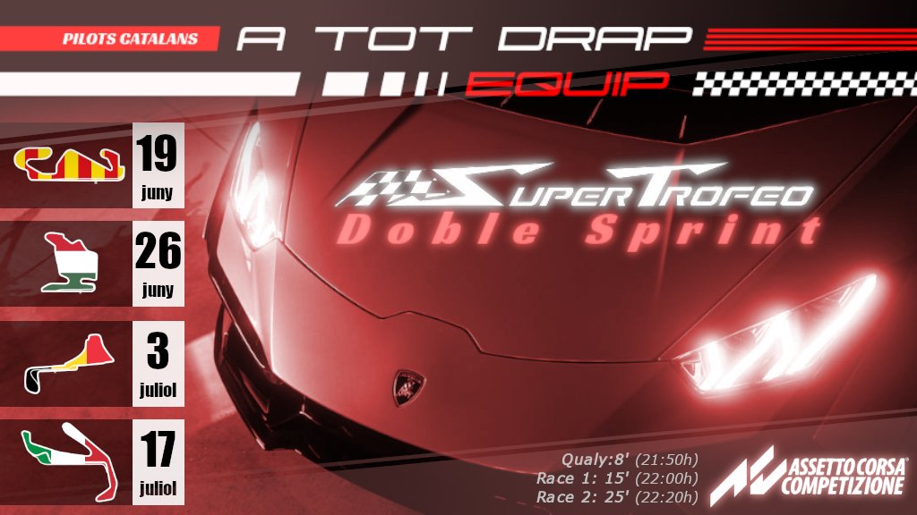 a_tot_drap's tweet photo. A menys de dues setmanes per que comenci la #SuperTrofeoDobleSprint organitzada per #atotdrap.
🎮 Assetto Corsa Competizione (PC)
🏎️ Lamborghini ST / ST Evo2
🛞 1 joc de neumàtic
🌦️ Variable
👥 30 pilots
Si voleu participar, només cal fer el registre a través del discord. https://t.co/TiQviipDuC