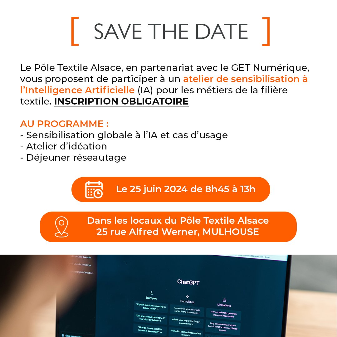 [SAVE THE DATE]
🖥️Le Pôle Textile Alsace organise un atelier de sensibilisation à l'IA, en partenariat avec le GET Numérique. 

❗️Inscription obligatoire avant le 17 juin, contactez : secretariat@textile-alsace.com

#textile #innovation #ia #atelier