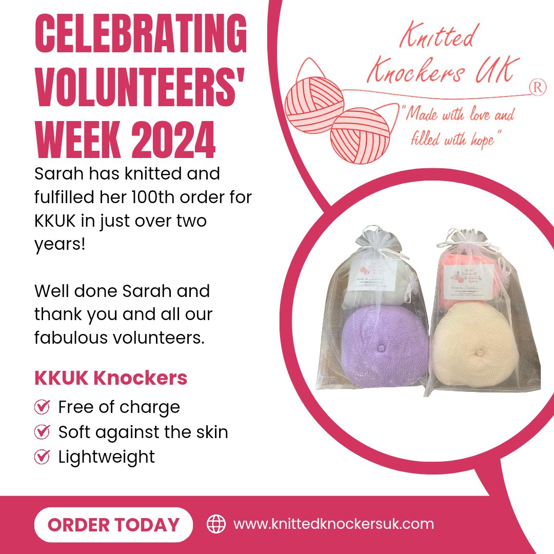 In a little over two years Sarah, one of our knitters, comleted her 100th knocker order, she said "I chose the biggest size available to make it memorable KKUK14 38H! I’ve enjoyed making every one for women going through the hardest of times ❤️ #MadewithLove #KKUK #filledwithhope
