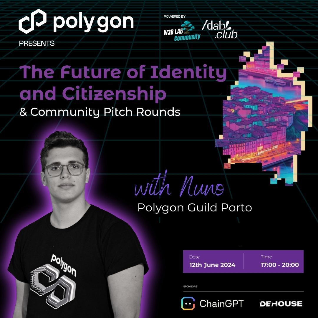 Polygon Porto Guild (@polygonporto) on Twitter photo The Future Of Identity & Citizenship & Community Pitch Rounds
๐คSponsored by: <a href="/Chain_GPT/">ChainGPT</a>
๐ฃ๏ธโWhat is Identity and Why is it broken? - <a href="/nunomiguelcg/">Nuno Gonรงalves</a>, Polygon Guild Lead
๐Drinks x Pizza x Polygon Merch
๐Our Partner - <a href="/dhworkspaces/">DeHouse Workspaces</a>
๐ชPowered by <a href="/DablClub/">Dabl Club</a> X <a href="/W3B_Lab/">W3B Lab ๐พ</a>
**** RSVP๐ The Future Of Identity & Citizenship & Community Pitch Rounds
๐คSponsored by: <a href="/Chain_GPT/">ChainGPT</a>
๐ฃ๏ธโWhat is Identity and Why is it broken? - <a href="/nunomiguelcg/">Nuno Gonรงalves</a>, Polygon Guild Lead
๐Drinks x Pizza x Polygon Merch
๐Our Partner - <a href="/dhworkspaces/">DeHouse Workspaces</a>
๐ชPowered by <a href="/DablClub/">Dabl Club</a> X <a href="/W3B_Lab/">W3B Lab ๐พ</a>
**** RSVP๐