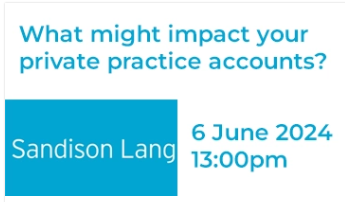 What might impact your private practice accounts? 
Join the free webinar today at 1pm being run by Sandison Lang. 
Learn more: thedoctorsclub.co.uk/events/partner… 
<a href="/Sandison/">Kathy</a> Lang