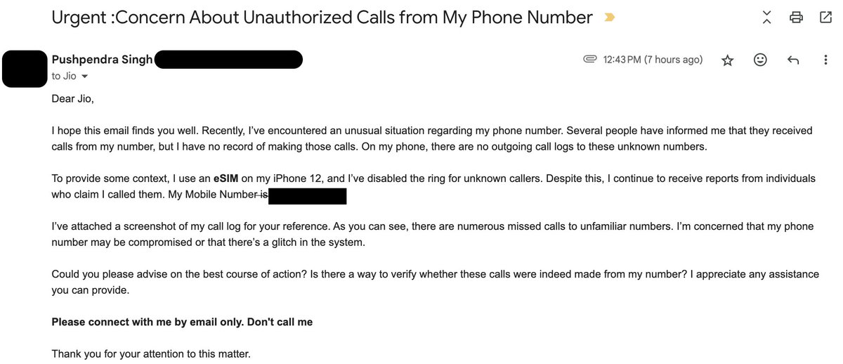 itspushpendra's tweet photo. @JioCare @reliancejio Urgent: Unauthorized calls are being made from my number. I’ve formatted my phone and got a duplicate SIM from Jio, but the issue persists. Please resolve this ASAP!  #security #unauthorizedcalls #help
--- https://t.co/IJVo5kwftq