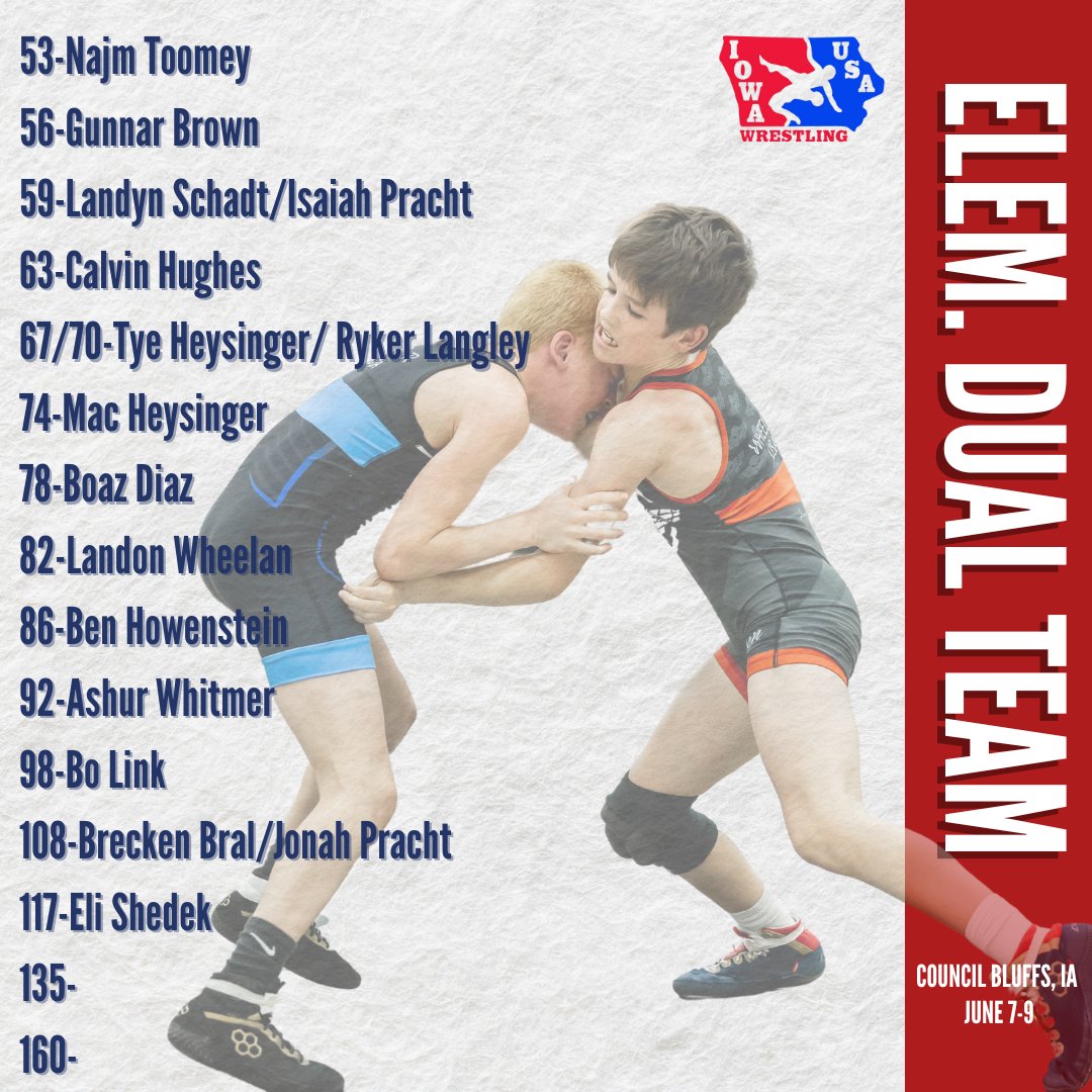 Elementary Duals are this weekend in Council Bluffs, IA and Iowa is bringing a squad!! 

**There two upper weights still needing to be filled if you participated in state and are interested contact Brett Wheelan at schedulingdirector@iowausawrestling.org ! 

#iowausawrestling