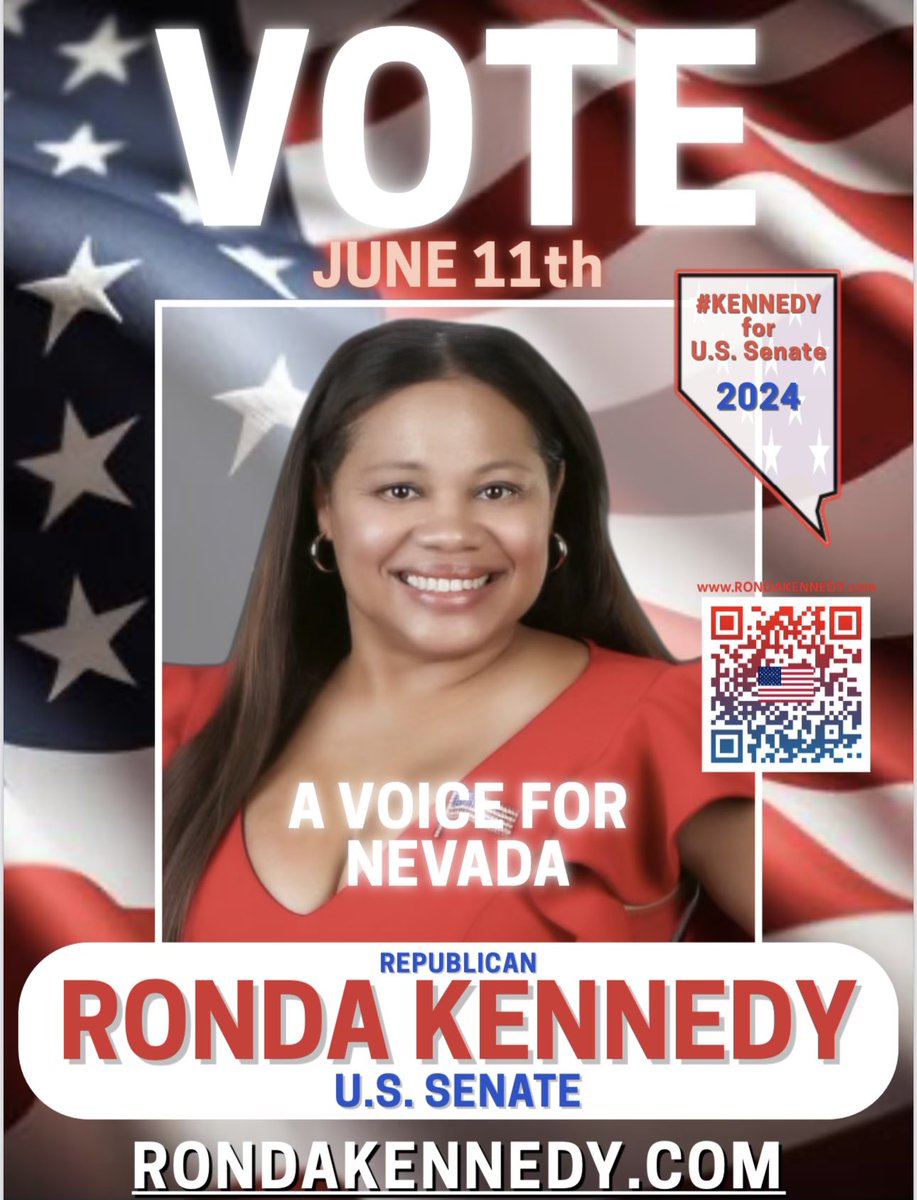 RondaBKennedy's tweet photo. Vote for a strong proven leader in Nevada! π³οΈ Support Ronda Kennedy for U.S. Senate on June 11th. She will continue to protect and defend the constitution. Visit https://t.co/HZKOAutrLj for more details. #KennedyForSenate #RondaKennedy #Kennedy24 #AVoiceForNevada #VoteJune11th https://t.co/khsCNzhVj2
