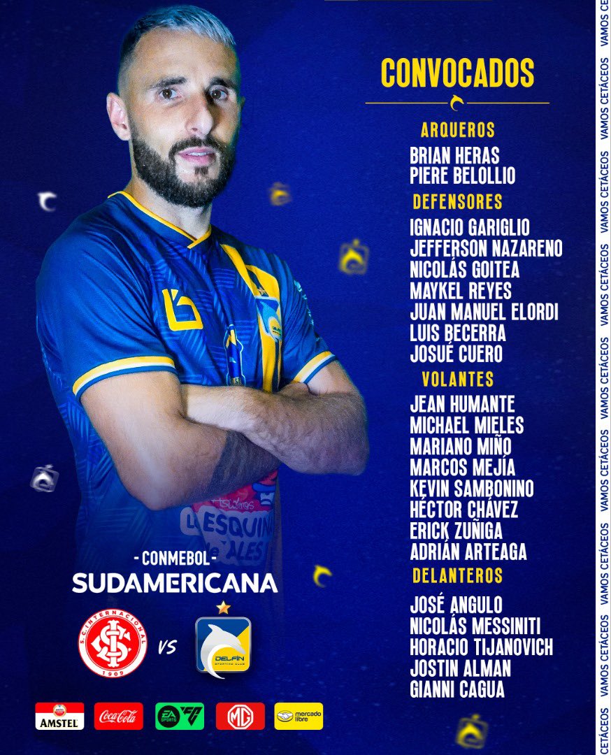DelfinSC's tweet photo. 🏆 @sudamericana 
📋CONVOCADOS! 🐬
👨🏻‍🏫DT. Juan Pablo Buch 
🆚 @scinternacional 
🏟️Estadio Alfredo Jaconi 
 #delfinsc #elorgullodemanabi https://t.co/5RP8k9mCqN