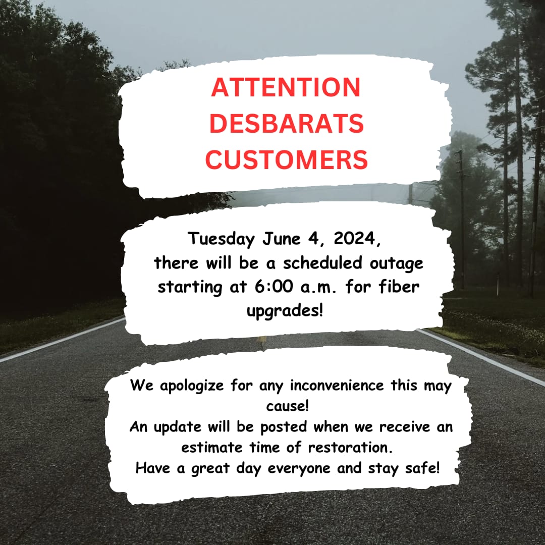 NR_Networks's tweet photo. ATTENTION DESBARATS CUSTOMERS:

Scheduled Outage! Please see the attached photo for details! 

We apologize for any inconvenience this may cause! 
An update will be posted when we receive an estimate time of restoration. 

Have a great day everyone and stay safe! https://t.co/vhq6k0I2V1