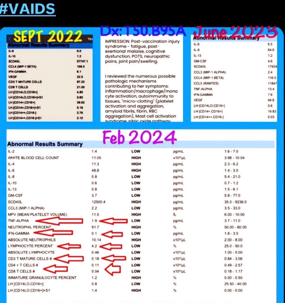 HouseLyndseyRN's tweet photo. I am the owner of a useless immune system ‼️🤬 literally ‼️

If you see it please tell it to act right and come back home! 

Thanks in advance🎯🎯✊

#VAIDS

‼️VACCINE ACQUIRED IMMUNODEFICIENCY DISORDER SYNDROME AND HIV NEGATIVE ‼️

Seeing it with collaboration with cytokines marked below-  for clinical and educational purposes on my labs- 

#VAIDS
#VaccineAcquiredImmunodeficiencydisorder 
#HIVnegative