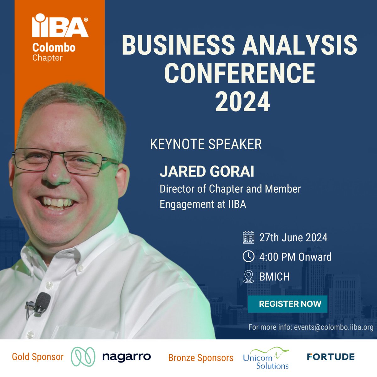 IIBAColombo's tweet photo. We are thrilled to announce our keynote speaker for the Inaugural Annual Business Analysis Conference hosted by the IIBA Colombo Chapter: Jared Gorai, Director of Chapter and Member Engagement at IIBA! 
Registration Link: https://t.co/QYSwnUvI9a https://t.co/UFi9syLlce