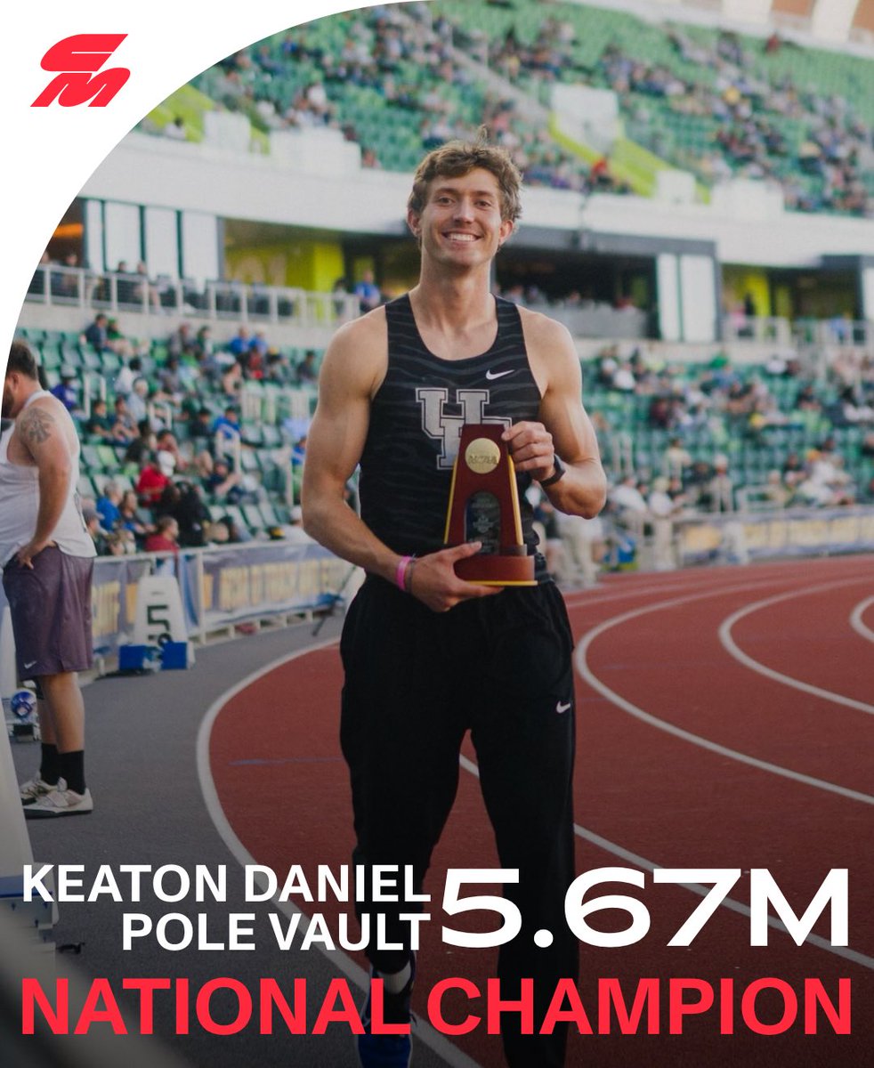All smiles for the double champ 😁
 
<a href="/KentuckyTrack/">UK Track & Field</a>’s Keaton Daniel adds an #NCAATF outdoor title to his indoor crown in the pole vault with a 5.67m/18’7.25” clearance on the first attempt.