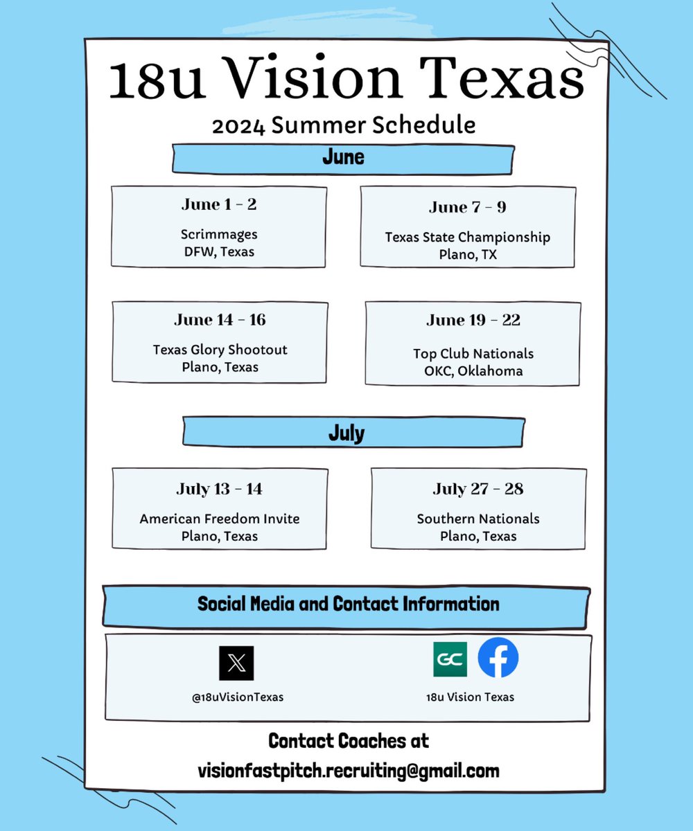 18uVisionTexas's tweet image. ⬇️⬇️Summer 2024 Schedule ⬇️⬇️

Make sure to check us out live, on @GCsports, or keep up with us here on X! 

#GoFurtherTogether #AllAboard