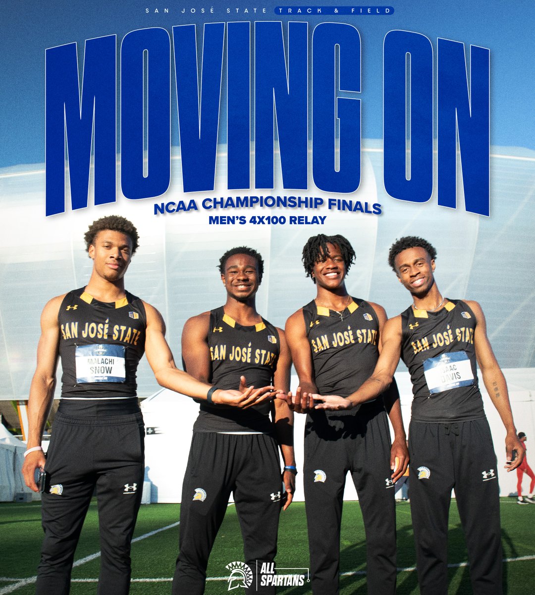 SanJoseStTFXC's tweet photo. Moving on to finals day!  The 4x100 squad is ready to make their mark on Friday! 

#AllSpartans
#SurviveandAdvance
#NCAATF https://t.co/udKj2CVi2C